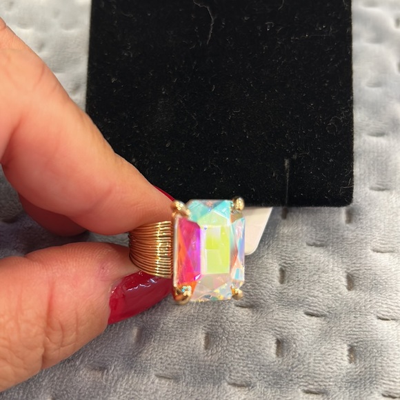 Stunning Aurora Borealis Emerald Cut Crystal Contemporary Ring-Adjustable - Picture 2 of 13